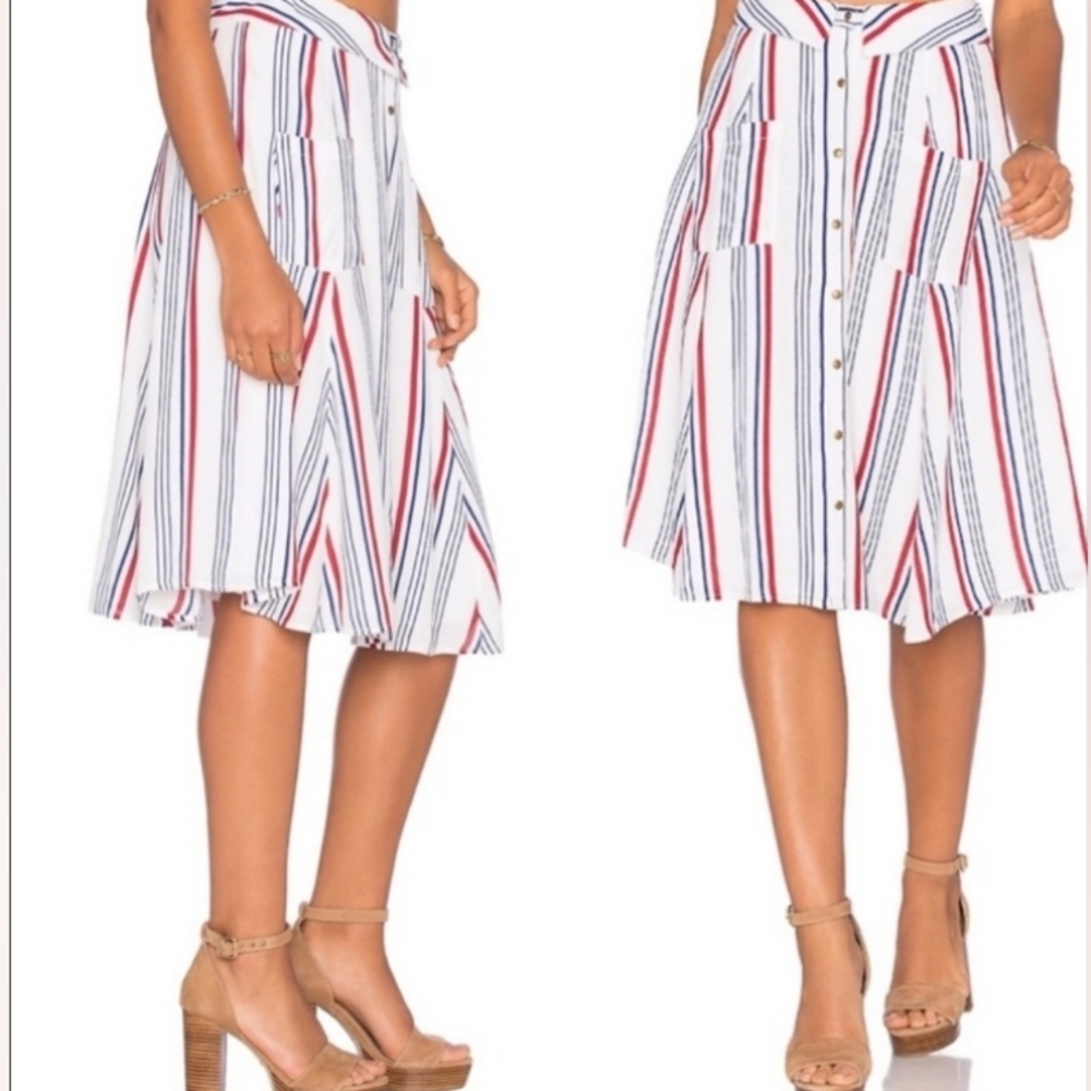 Tularosa Oliver Striped Skirt Sz S White Blue Red Knee Length Button Down Lined - Picture 2 of 11